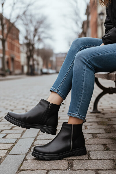 Y&D Shoes 2025 New Season Women's Black Buckle Stone Zipper Flat Heel Casual Boots