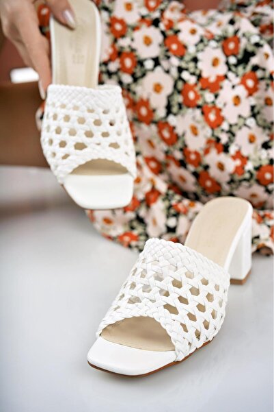 Belisse Γυναικείες παντόφλες με τακούνι Nesil Shoes Özma 910 Λευκές Πλεκτές στο χέρι