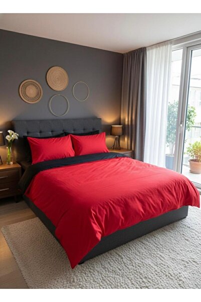 üntaş غطاء لحاف أحمر مزدوج الجوانب و2 كيس وسادة - مزدوج