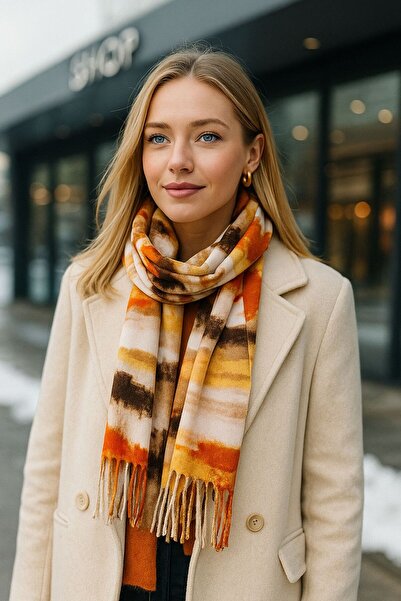 Axesoire 15168 Batikli Bej Püsküllü Kalın Şal