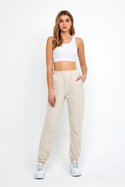 ESPİNA Γυναικεία φούτερ Jogger Beige πλεκτά με τρεις κλωστές με ελαστική μέση και πόδι