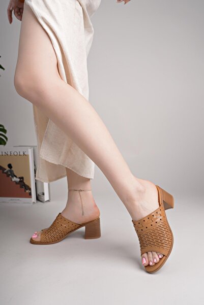 Nesil Shoes MyShoes 2060 Taba Hakiki Soft Deri Topuklu Kadın Terlik