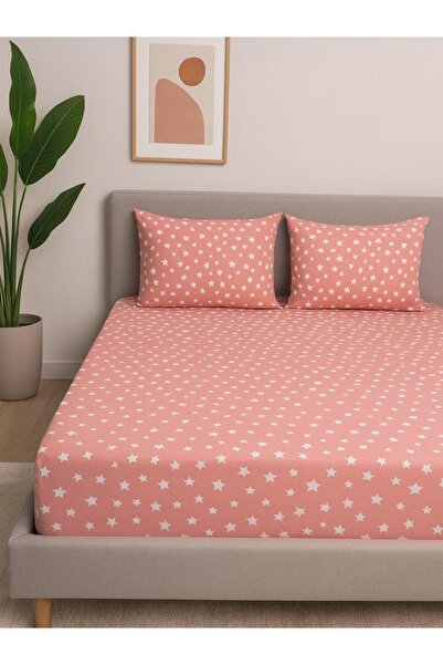 üntaş Battal 180x200 Double Elastic Sheet Set Salmon Star