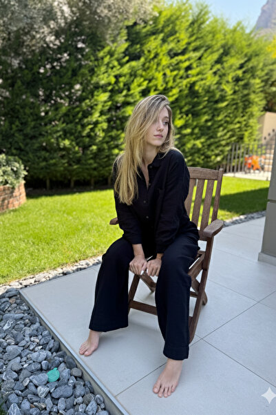 Marecot مجموعة إيبوريه النسائية من الموسلين، طقم علوي وسفلي أسود بأكمام طويلة