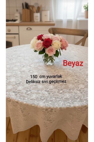 Blue Home Yuvarlak Dantel Görünümlü Pvc Muşamba Mutfak Masa Örtüsü Sıvı Geçir...