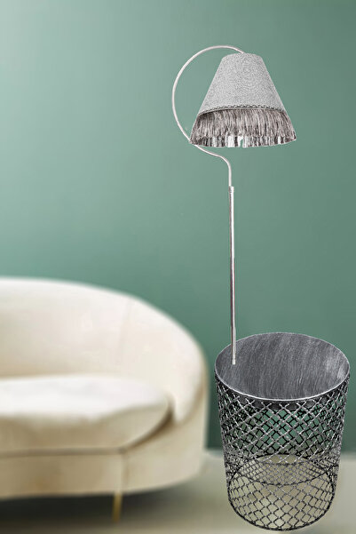 VENON Sehpalı Lambader Elips Gümüş Patine ⭐️Açık Gri Kumaş Şapka Gri Püsküllü ⭐️Salon Köşe Lambader