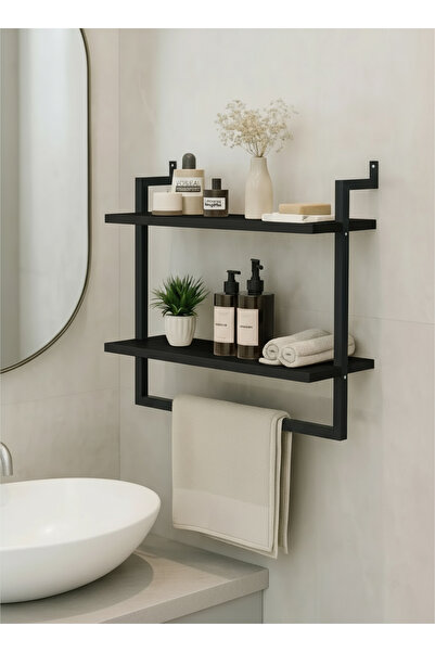 Euromob 60x20 cm Banyo Rafı Duvara Monte Havluluk 2 Katlı Dekoratif Düzenleyici Organizer Siyah Metal