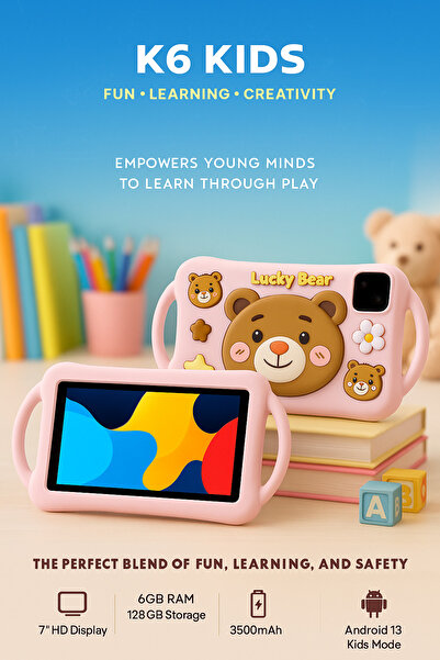 OTEETO K6 Kids 7 inch Tablet with SIM – 6GB RAM/ 128GB Memory – Black + Pink