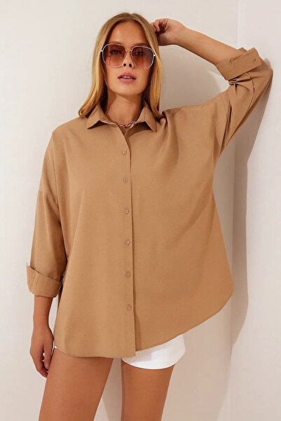 comstar Women's Oversize Long Basic Camel Shirt