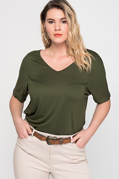 Şans Women's Large Size Khaki Backless Viscose Tunic 65n15439