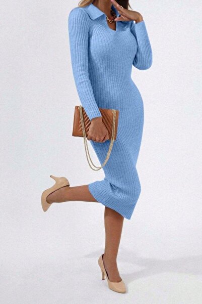 Mossta Rochie tricot cu guler polo lungime midi - Albastru