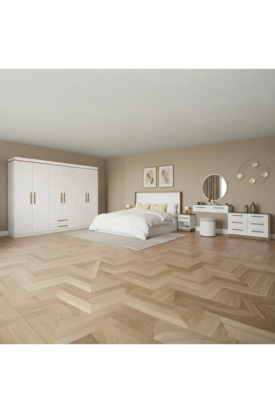 Stylish Home Complete bedroom set with wardrobe in white and brown, 6 pieces - SetBR-03