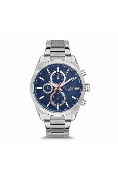 Ferrucci Erkek Kol Saati Gümüş Renk, Takvimli Mavi Kadran - Şık Metal Kordon, 2 Yıl Garantili