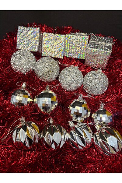 ENG PARTİ DÜNYASI Silver Christmas Tree Ornament Set 16 Pieces – Shiny Decora...