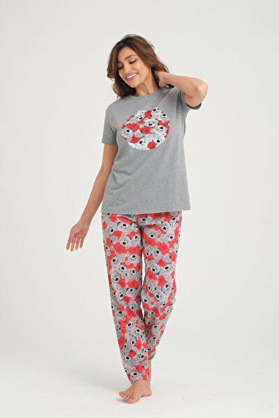 ESPİNA Gray Teddy Bear Printed Cotton T-shirt-Pants Knitted Pajama Set