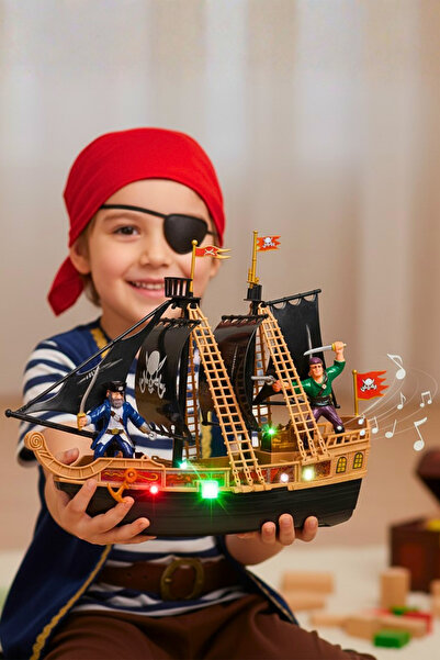 TUENGİ STORE Sesli Işıklı Oyuncak Korsan Gemisi Oyuncak Tekne Macera Oyun Seti Ve 2 Adet Aksiyon Figür