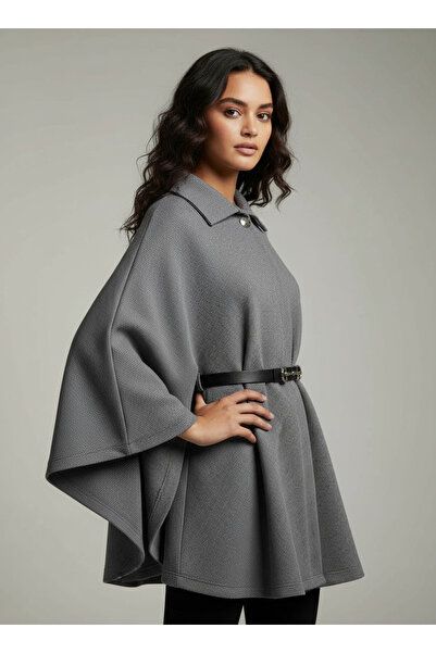 Şiir Oron Women's Belt Detailed Ottoman Cape & Poncho - Smoked