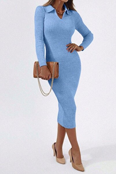 Mossta Rochie tricot cu guler polo lungime midi - Albastru