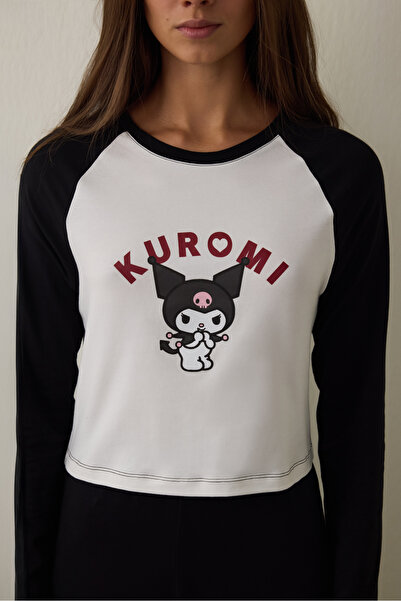 Penti Kırık Beyaz Kuromi Baskılı Kayık Yaka Pamuklu Uzun Kollu Pijama Takımı