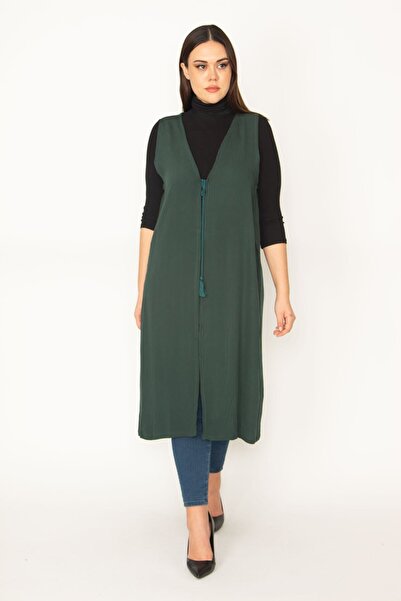 Şans Women's Large Size Green Front Lace Detailed Unlined Long Vest 65n19823