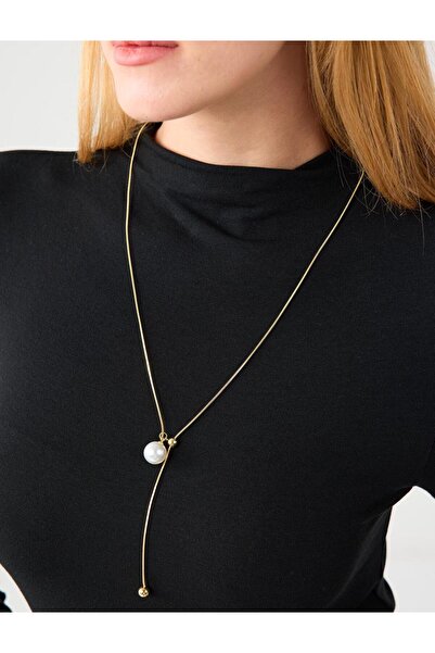 Jimmy Key Altın Rengi İnci Detaylı Metal Top Figürlü Ayarlanabilir Kolye