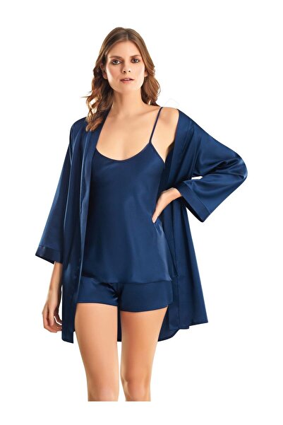 MOONGIRL KADIN SATEN LACİVERT SABAHLIK ŞORT TAKIM