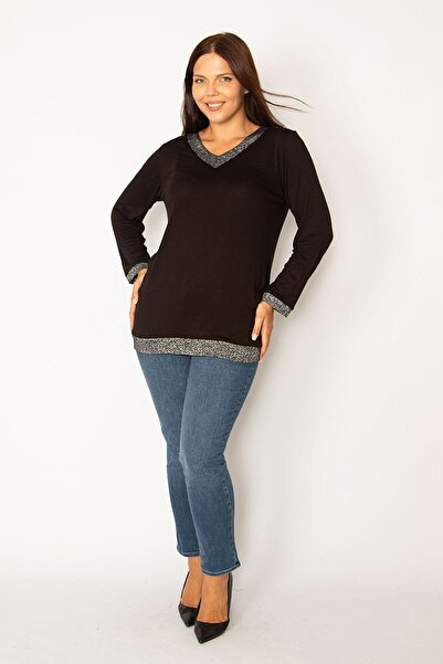 Şans Női nagy méretű fekete csillogó részletes blúz 65n19613