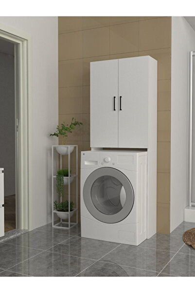 dorpek Çok Amaçlı Çamaşır Makinesi Dolabı 3 Raflı Kapaklı Banyo Dolabı Beyaz | Ternos