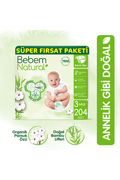 Bebem Natural Bebek Bezi 3 Beden Midi Süper Fırsat Paketi 204 Adet