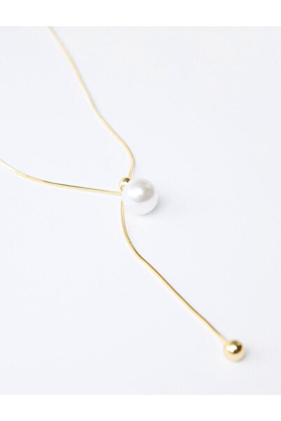 Jimmy Key Altın Rengi İnci Detaylı Metal Top Figürlü Ayarlanabilir Kolye