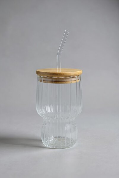 Kitchen Way Bamboo Lid Sealed 400ml Glass Presentation Glass with Straw and L...