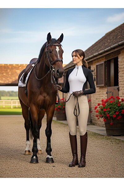 PEUR RIDER SHOP Λευκό μαύρο γυναικείο μπλουζάκι ιππασίας με μακρύ γαρνιτούρα ...