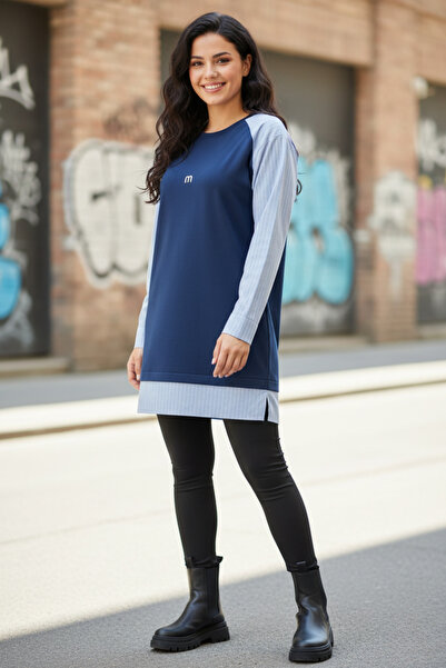 KADO Robalı Çizgili Kol Detaylı Kompak Gömlek detaylı Tunik - Lacivert