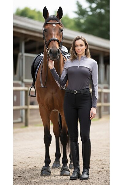 PEUR RIDER SHOP تي شيرت نسائي رمادي أنثراسايت بأكمام طويلة وسحاب