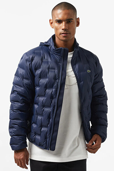Lacoste Modern Quilted down Fill Jacket Goose down Filling Hidden Hooded Navy Blue Coat