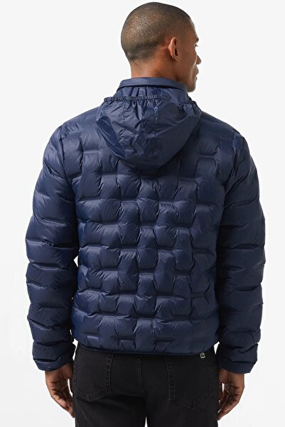 Lacoste Modern Quilted down Fill Jacket Goose down Filling Hidden Hooded Navy Blue Coat