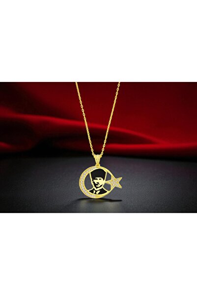 SOFT ATATÜRK 925 AYAR GÜMÜŞ 18 K ALTIN KAPLAMA SİYAH MİNE VE ZİRKON TAŞLI KAD...