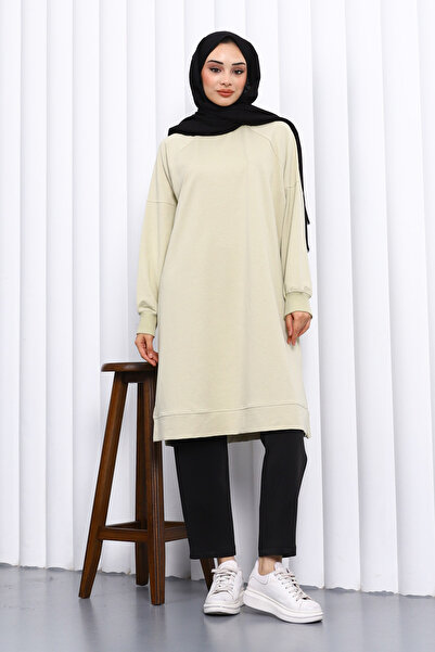 İmajButik Pastel Green Modal Tunic with Slits on the Sides