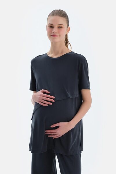 Dagi Черна тениска за бременни с къс ръкав от функционален модал