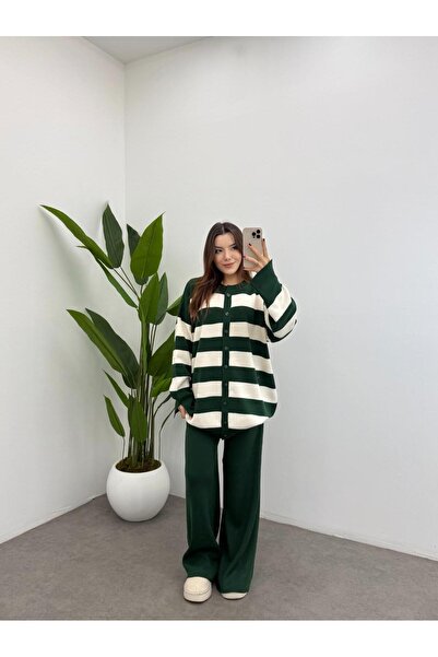 TOFİX textile Knitted Top and Bottom Set with Buttoned Striped Trousers and Cardigan