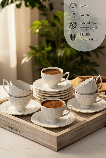 Frapan Home İpk 12 Parça 6 Kişilik Vintage Porselen Kahve Fincanı Takımı Altın Yaldız Gold