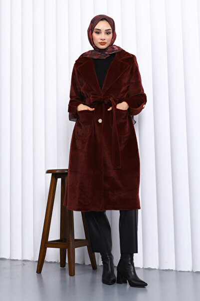 İmajButik Burgundy Double-Breasted Angora Coat with Collar and Sleeve Epaulettes
