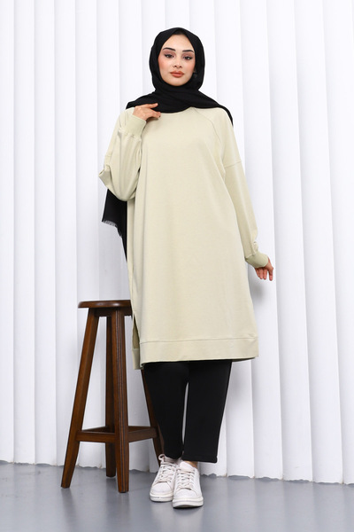 İmajButik Pastel Green Modal Tunic with Slits on the Sides