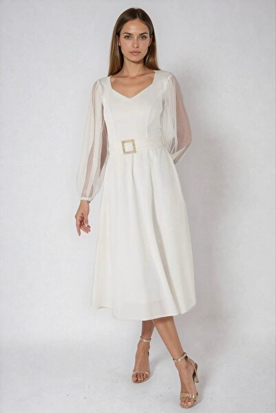 OLSAMODA Women's Heart Neckline Sleeveless Tulle Buckle Detail Flexible Fabric Midi-Length Flawless Wedding Invitation Dress