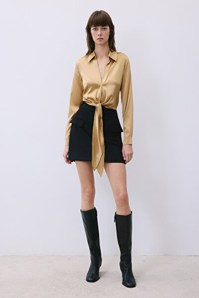 rue Tie-Up Silk Crop Gold Shirt Blouse