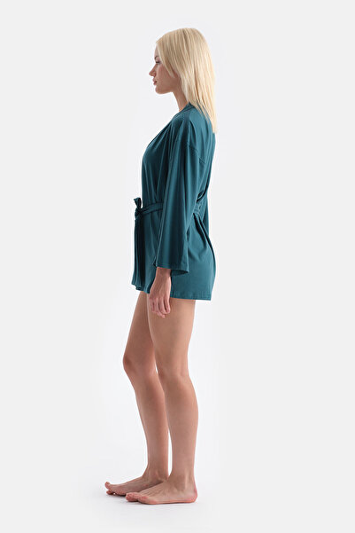 Dagi Dark Green Basic Dressing Gown with Tie and Sleeve Ribbon Lace Detail