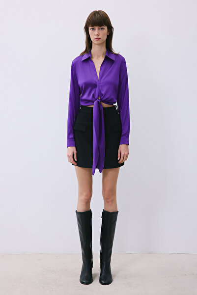 rue Tie-Up Silk Crop Purple Shirt Blouse