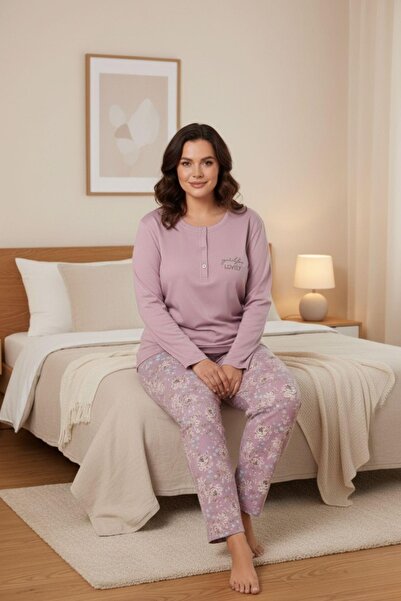 PİJAPİA Women's Plus Size Long Sleeve Pink Pajamas Set