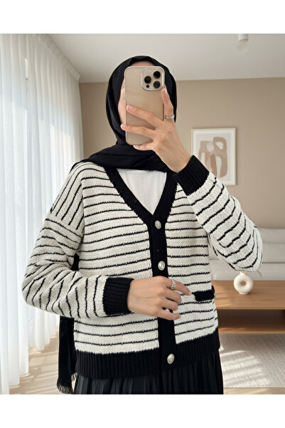 Modamorfo Кардиган з ґудзиками та тонкою смужкою - Екрю