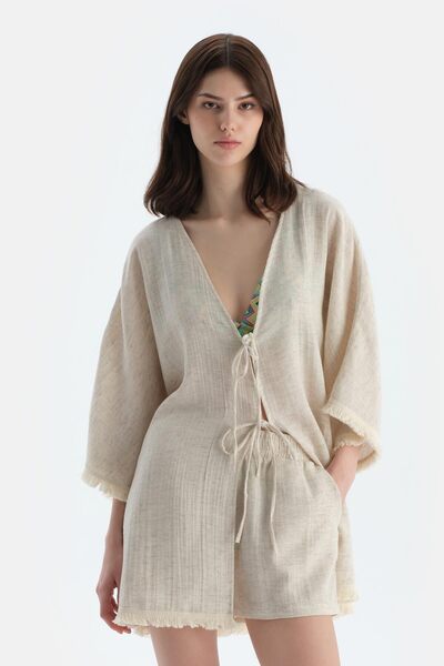 Dagi Ecru Rope Tie Detailed Kimono